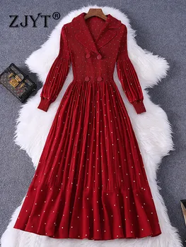 ZJYT Vintage Polka Dot Print Plisseeritud Kleit Naiste Poole Elegantne Laterna Varruka Keera Krae Vabaaja Midi Vestido Kevad Suvi