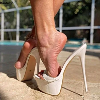 Ronticool Käsitöö Naiste Platvorm Slingback Sandaalid lakknahast Seksikas Stiletto Heel Avatud Varvas Päris Valged Kingad USA Suurus 5-20