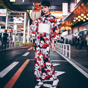 Naiste Jaapani Stiilis Paranenud Kimono Cosplay Kostüüm Tume Kolju Vares Pildid Halloween Kleit Fotograafia Kanda 4tk Komplekt