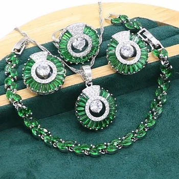 Roheline Emerald 925 Hõbedast ehtekomplekt Naiste Käevõru, Kõrvarõngad Kaelakee ripats Ringi