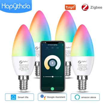 Hapythda Tuya Zigbee E14 Smart Led Lamp RGB CW WW Reguleeritav Dimm hääljuhtimine koos Alexa Google ' i Kodu Arukas Elu