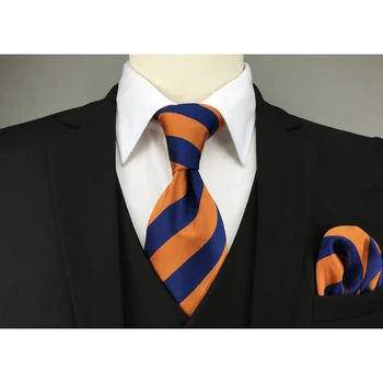 Mereväe Sinine Oranž Triibuline Meeste Necktie Komplekt Pulm Kleit kikilips Pre-Seotud Brändi Uus Klassikaline Hanky Extra long suurus