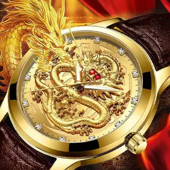 WOKAI kvaliteetne meeste vaba aja veetmise vöö quartz watch helendav veekindel kaubanduslik veekindel kell, Kuldne Draakon Hiina stiilis