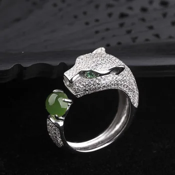 Tõeline roheline jade ringi leopard pea resizable smaragd ring mikro-mosaiigid, tsirkoon teemant sõrmus 925 sterling hõbe naiste rõngad