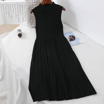 GLAUKE Vintage Pool kõrge kaelusega Varrukateta Naiste Kleit 2022 Uus Saabumist Tahke Kootud Kleidid Kõrge Vöökoht Vestidos