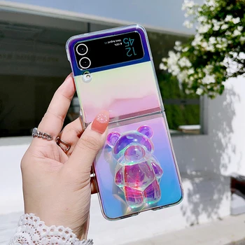 Laser Vikerkaar Kalle Läbipaistva Kõva PC Slim Telefoni Puhul Samsungi Galaxy Z Flip 4 3 5G Armas 3D Crystal Karu Bracket Cover
